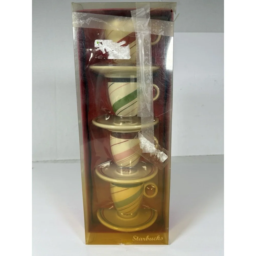 Starbucks 2007 Holiday Candy Stripe Demitasse Espresso Cup Saucer Set of 4 Boxed